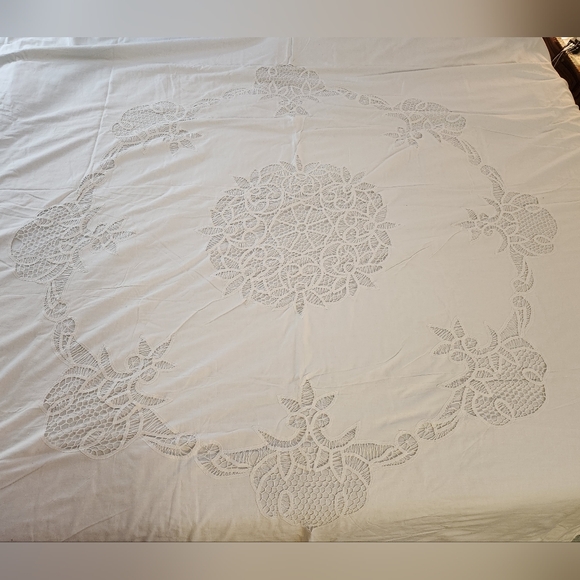 Antique Vintage White Cotton Embroidered Cut Out Lace Duvet & Pillowcases Set